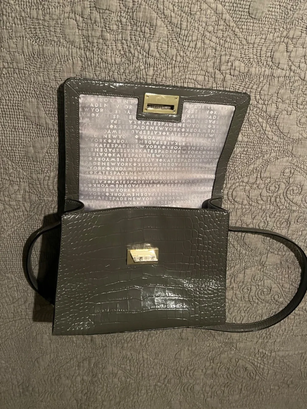Kate Spade Doris Croc Embossed Dark Gray Patent Structured Tote Bag w/ 2 Handles